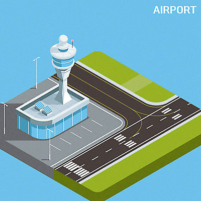 여행 일러스트 사람없음 파란색 공항 활주로 아이소메트릭 관제탑 국내일러스트 AI파일 길 컬러 교통시설 파일형식 벡터
