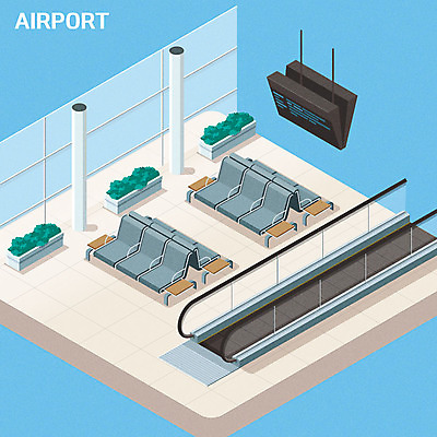 여행 의자 일러스트 사람없음 파란색 스크린 기다림 공항 아이소메트릭 무빙워크 국내일러스트 AI파일 컬러 가구 교통시설 모션 파일형식 벡터
