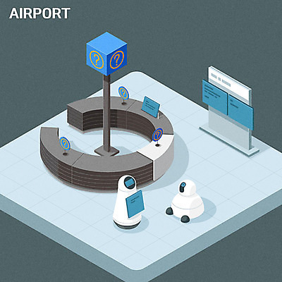 여행 일러스트 알림판 사람없음 회색 공항 프런트 로봇 아이소메트릭 AI_인공지능 국내일러스트 AI파일 컬러 교통시설 파일형식 벡터