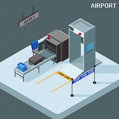 여행 일러스트 사람없음 캐리어 회색 공항 검사_조사 보안 기내 아이소메트릭 게이트 수하물 검색대 국내일러스트 AI파일 컬러 교통시설 안전 여행가방 공공장소 파일형식 벡터