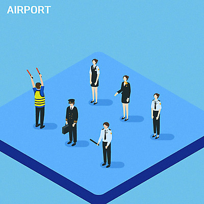 여자 남자 여행 일러스트 사람 여러명 파란색 공항 승무원 직원 기장 아이소메트릭 국내일러스트 AI파일 직업 컬러 다수 교통시설 파일형식 벡터