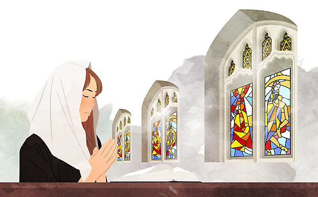 PSD 여자 종교 일러스트 창문 한명 사람 믿음 눈감음 천주교 기도 스테인드글라스 미사 미사보 신앙심 여자한명만 국내일러스트 1 감정 기독교 모션 유리 여자만 파일형식