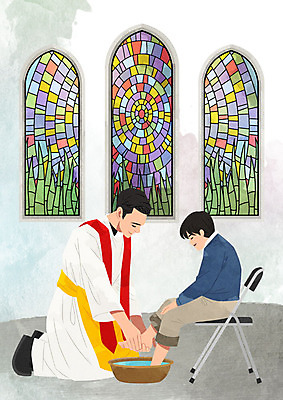 PSD 남자 종교 어린이 일러스트 창문 발 앉기 소년 두명 성당 믿음 천주교 닦기 스테인드글라스 족욕 신앙심 신부님 남자만 국내일러스트 감정 종교건축 모션 유리 사람 신체부위 파일형식