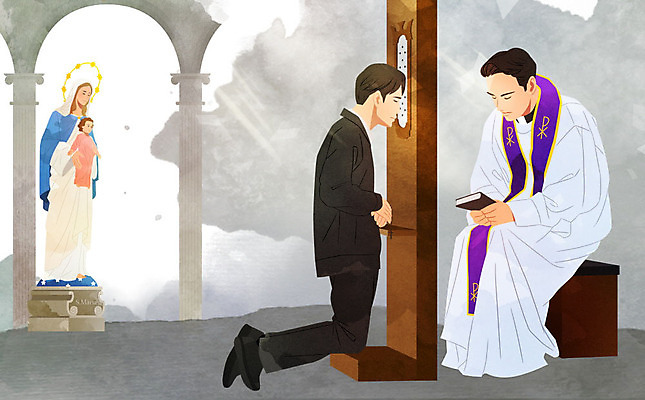 PSD 남자 종교 일러스트 두명 성당 믿음 듣기 천주교 아기예수 성모마리아상 신앙심 신부님 남자만 국내일러스트 감정 종교건축 모션 사람 예수 파일형식