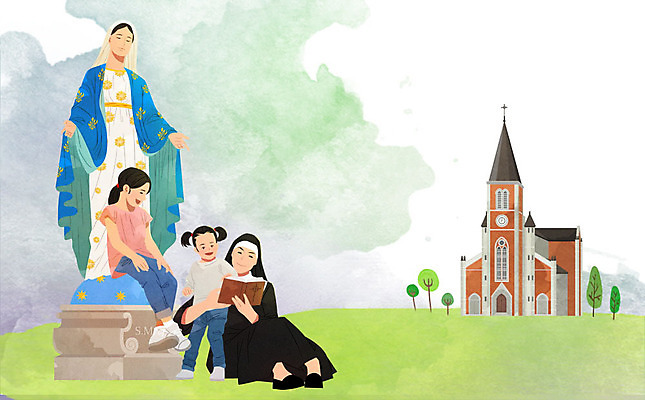 PSD 여자 종교 어린이 일러스트 사람 소녀 책 세명 독서 성당 믿음 천주교 수녀 성모마리아상 신앙심 여자만 국내일러스트 감정 종교건축 파일형식