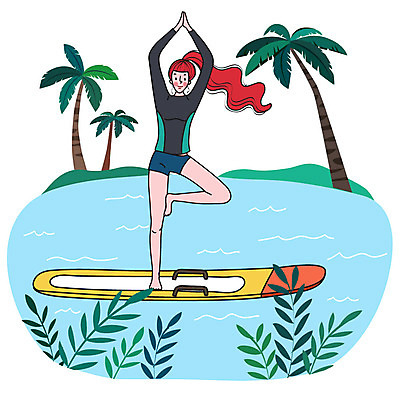 라이프스타일 여자 일러스트 요가 건강 한명 사람 취미 초록색 컬러풀 운동 서핑보드 힐링 여자한명만 국내일러스트 AI파일 1 웰빙 컬러 생활 보드_스포츠 여자만 파일형식 벡터