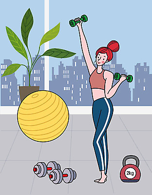 라이프스타일 여자 일러스트 건강 한명 들기 사람 취미 컬러풀 운동 헬스 아령 짐볼 힐링 여자한명만 국내일러스트 AI파일 1 컬러 모션 생활 여자만 파일형식 벡터