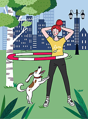 한마리 라이프스타일 공원 여자 반려견 일러스트 건강 한명 사람 취미 초록색 컬러풀 운동 힐링 훌라후프 반려 여자한명만 국내일러스트 AI파일 1 공공시설 컬러 생활 반려동물 개 여자만 파일형식 벡터