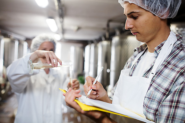 포토 JPG 서양인 외국인 여자 남자 공장 포도 실내 서기 들기 사람 상반신 20대 성인 두명 앞모습 옆모습 펜 와인 알코올 기록 체코 유리관 실린더 위생가운 위생모자 성인만 와인공장 국내포토 모자_잡화 유럽 뷰포인트 과일 공업 모션 주류 실험기구 인종 청년 내부 필기구 가운 파일형식