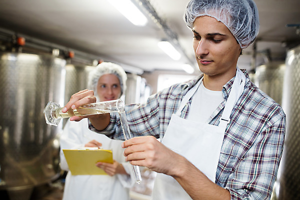 포토 JPG 서양인 외국인 여자 남자 공장 포도 실내 서기 들기 사람 상반신 20대 성인 두명 앞모습 옆모습 와인 알코올 체코 유리관 섞기 실린더 위생가운 위생모자 성인만 와인공장 국내포토 모자_잡화 유럽 뷰포인트 과일 공업 모션 주류 실험기구 인종 청년 내부 가운 파일형식