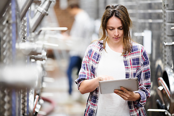 포토 JPG 전신 서양인 외국인 응시 여자 남자 공장 포도 실내 서기 사람 상반신 20대 성인 두명 앞모습 옆모습 태블릿 와인 확인 체코 성인만 와인공장 국내포토 시선 유럽 뷰포인트 과일 공업 모션 주류 인종 청년 내부 전자제품 스마트기기 파일형식
