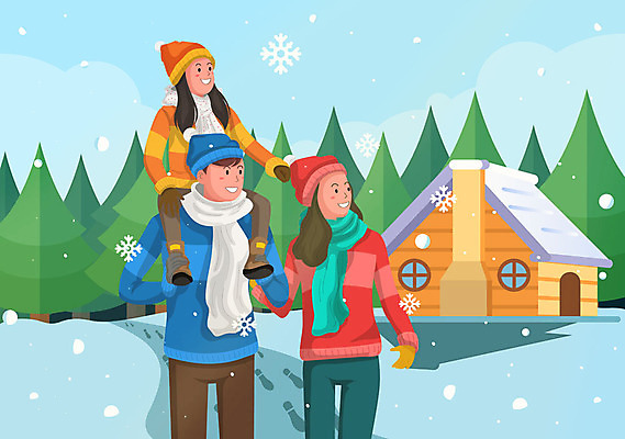 여자 남자 딸 어린이 장갑 하늘색 겨울 일러스트 가족 엄마 가족여행 털모자 사람 성인 세명 목도리 산책 눈 목마 아빠 발자국 산장 겨울여행 눈길 국내일러스트 AI파일 자연요소 모자_잡화 잡화 계절 길 여행 관계 자국 날씨 휴식 눈_날씨 파란색 파일형식 벡터