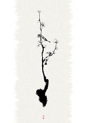 PSD 한마리 꽃 일러스트 캘리그라피 자연 조류 붓터치 사람없음 한지 번짐 참새 낙관 화조화 국내일러스트 식물 동물 1 종이 동양화 생태계 파일형식 효과