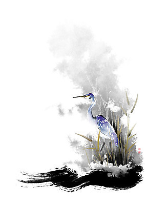 PSD 한마리 일러스트 캘리그라피 자연 조류 붓터치 갈대 사람없음 안개 왜가리 번짐 낙관 화조화 국내일러스트 식물 동물 1 날씨 동양화 생태계 파일형식 효과