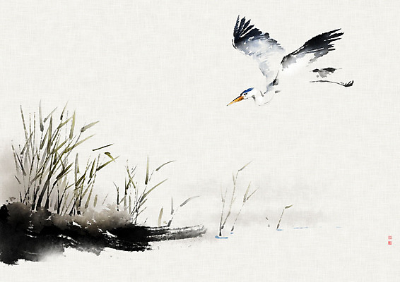 PSD 한마리 날개 일러스트 캘리그라피 자연 조류 붓터치 갈대 사람없음 강 비행 왜가리 한지 번짐 낙관 화조화 국내일러스트 식물 동물 1 종이 동양화 생태계 파일형식 효과