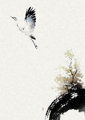 PSD 나무 한마리 잎 일러스트 캘리그라피 자연 조류 붓터치 사람없음 비행 숲 한지 언덕 번짐 낙관 화조화 국내일러스트 식물 동물 1 종이 동양화 생태계 파일형식 효과