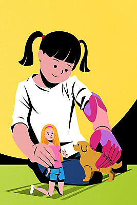 PSD 여자 어린이 인형 과학 일러스트 놀이 한명 인형놀이 생체공학 의수 소녀한명만 증강인간 외골격슈트 외골격로봇 의료로봇 국내일러스트 1 의학 사람 과학기술 로봇 공학 웨어러블 여자한명만 소녀만 파일형식