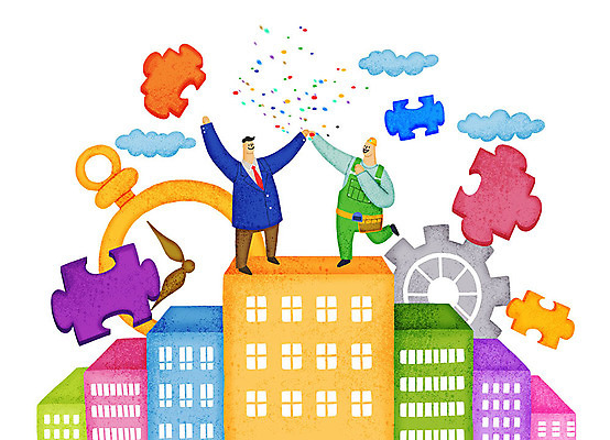 PSD 구름 남자 시계 일러스트 비즈니스 성공 노동자 협상 사람 빌딩 두명 컬러풀 만세 직장인 비즈니스맨 퍼즐 톱니바퀴 꽃가루 화합 노사화합 남자만 국내일러스트 자연요소 직업 컬러 컨셉 모션 건물 가루 파일형식