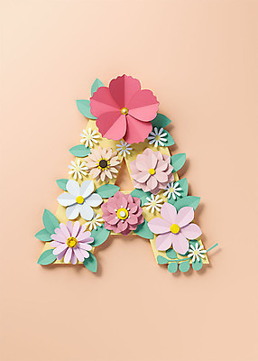 PSD 편집이미지 알파벳 영어 꽃 백그라운드 잎 대문자 타이포그라피 사람없음 3D소스 3D 페이퍼아트 디지털합성 오브젝트 A 살구색 편집소스 편집3D 식물 문자 컬러 파일형식