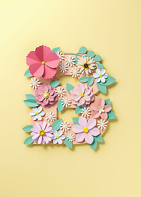 PSD 편집이미지 알파벳 영어 꽃 백그라운드 잎 대문자 타이포그라피 사람없음 노란색 3D소스 3D 페이퍼아트 B 디지털합성 오브젝트 편집소스 편집3D 식물 문자 컬러 파일형식