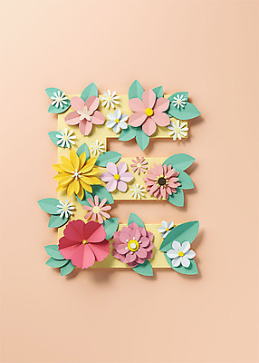 PSD 편집이미지 알파벳 영어 꽃 백그라운드 잎 대문자 타이포그라피 사람없음 3D소스 3D 페이퍼아트 E 디지털합성 오브젝트 살구색 편집소스 편집3D 식물 문자 컬러 파일형식