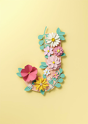 PSD 편집이미지 알파벳 영어 꽃 백그라운드 잎 대문자 타이포그라피 사람없음 노란색 3D소스 3D 페이퍼아트 디지털합성 오브젝트 J 편집소스 편집3D 식물 문자 컬러 파일형식