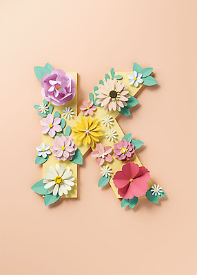 PSD 편집이미지 알파벳 영어 꽃 백그라운드 잎 대문자 타이포그라피 사람없음 3D소스 3D 페이퍼아트 디지털합성 오브젝트 K 살구색 편집소스 편집3D 식물 문자 컬러 파일형식