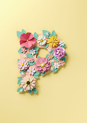 PSD 편집이미지 알파벳 영어 꽃 백그라운드 잎 대문자 타이포그라피 사람없음 노란색 3D소스 3D P 페이퍼아트 디지털합성 오브젝트 편집소스 편집3D 식물 문자 컬러 파일형식