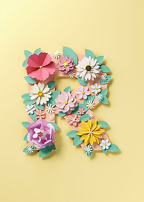 PSD 편집이미지 알파벳 영어 꽃 백그라운드 잎 대문자 타이포그라피 사람없음 노란색 3D소스 3D 페이퍼아트 디지털합성 오브젝트 R 편집소스 편집3D 식물 문자 컬러 파일형식