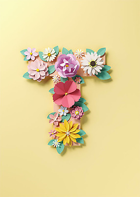 PSD 편집이미지 알파벳 영어 꽃 백그라운드 잎 대문자 타이포그라피 사람없음 노란색 3D소스 3D 페이퍼아트 디지털합성 오브젝트 T 편집소스 편집3D 식물 문자 컬러 파일형식