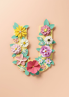 PSD 편집이미지 알파벳 영어 꽃 백그라운드 잎 대문자 타이포그라피 사람없음 3D소스 3D U 페이퍼아트 디지털합성 오브젝트 살구색 편집소스 편집3D 식물 문자 컬러 파일형식