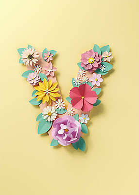 PSD 편집이미지 알파벳 영어 꽃 백그라운드 잎 대문자 타이포그라피 사람없음 노란색 3D소스 3D 페이퍼아트 디지털합성 오브젝트 V 편집소스 편집3D 식물 문자 컬러 파일형식