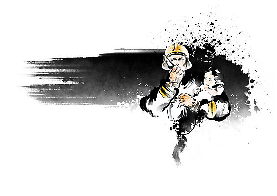 PSD 남자 어린이 일러스트 캘리그라피 붓터치 사람 두명 구출 소방관 번짐 무전기 희생 영웅 구조대 국내일러스트 무선통신 도움 구조원 소방 파일형식 효과