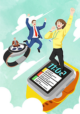 PSD 구름 여자 남자 시계 일러스트 비즈니스 직장 사람 앉기 성인 세명 경제 점프 직장인 비즈니스맨 비즈니스우먼 스마트워치 성인만 국내일러스트 자연요소 직업 회사 모션 스마트기기 웨어러블 파일형식