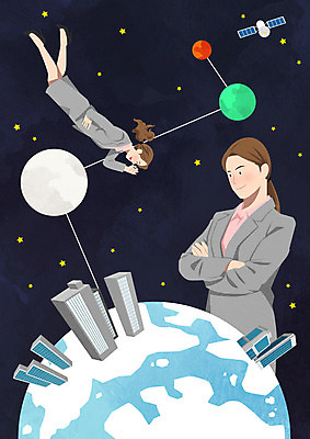 PSD 응시 여자 지구 일러스트 비즈니스 직장 사람 빌딩 성인 두명 경제 우주 팔짱 행성 인공위성 직장인 비즈니스우먼 성인여자만 국내일러스트 직업 시선 회사 통신 모션 건물 여자만 성인만 파일형식