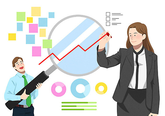 PSD 여자 남자 일러스트 비즈니스 돋보기 그래프 직장 들기 사람 성인 두명 경제 직장인 비즈니스맨 비즈니스우먼 포스트잇 성인만 국내일러스트 직업 회사 모션 메모지 파일형식