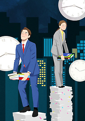 PSD 여자 남자 시계 일러스트 비즈니스 직장 들기 사람 빌딩 성인 두명 경제 직장인 비즈니스맨 비즈니스우먼 문서 서류뭉치 힘듦 성인만 국내일러스트 직업 컨셉 회사 모션 건물 파일형식