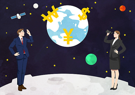 PSD 응시 여자 남자 별 지구 일러스트 비즈니스 직장 사람 성인 두명 경제 행성 인공위성 달 직장인 비즈니스맨 비즈니스우먼 화폐기호 성인만 국내일러스트 자연요소 직업 기호 시선 회사 통신 우주 화폐 파일형식