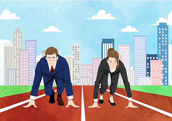 PSD 여자 남자 일러스트 비즈니스 직장 사람 빌딩 성인 두명 경제 경쟁 직장인 비즈니스맨 비즈니스우먼 육상스포츠 준비 트랙 준비자세 출발선 성인만 국내일러스트 직업 스포츠 포즈 컨셉 회사 건물 출발 파일형식