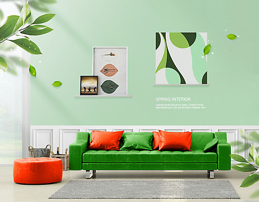 PSD 편집이미지 가구 쿠션 의자 나뭇잎 따뜻함 사람없음 초록색 인테리어 소파 봄 봄맞이 산뜻 이미지편집 디자인 계절 컬러 생활용품 컨셉 잎 파일형식