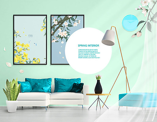 PSD 편집이미지 화분 가구 액자 나뭇잎 조명 따뜻함 사람없음 인테리어 소파 봄 민트색 봄맞이 산뜻 이미지편집 디자인 계절 컬러 생활용품 컨셉 잎 의자 파일형식