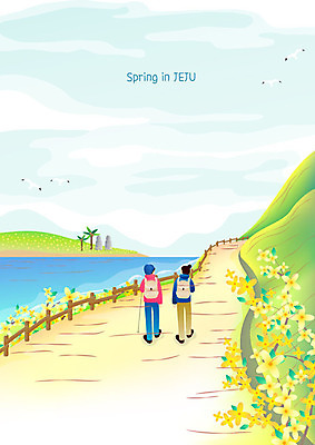 여자 남자 바다 여행 일러스트 사람 풍경 두명 컬러풀 제주도 봄 산책 트래킹 돌하르방 유채 배경그림 둘레길 한달살기 국내일러스트 AI파일 라이프스타일 계절 꽃 길 컬러 레저 휴식 한국 파일형식 벡터