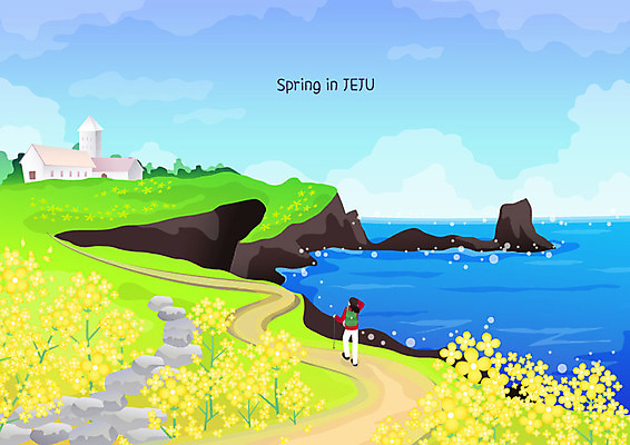 여자 바다 여행 백그라운드 일러스트 한명 사람 풍경 컬러풀 제주도 봄 트래킹 유채 섭지코지 여자한명만 둘레길 한달살기 봄배경 국내일러스트 AI파일 1 라이프스타일 계절 꽃 길 컬러 레저 한국 여자만 파일형식 벡터