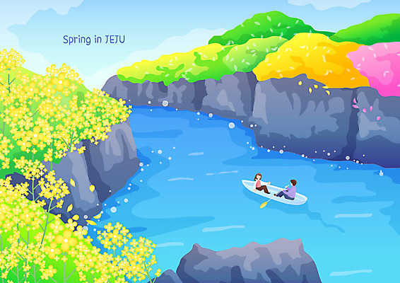 여자 남자 바다 여행 백그라운드 일러스트 사람 풍경 두명 컬러풀 제주도 봄 트래킹 유채 카누 쇠소깍 둘레길 한달살기 봄배경 국내일러스트 AI파일 라이프스타일 계절 꽃 길 컬러 레저 한국 강 수상스포츠 파일형식 벡터