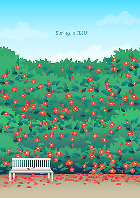 여행 백그라운드 벤치 일러스트 사람없음 컬러풀 제주도 봄 산책 트래킹 동백 둘레길 한달살기 봄배경 국내일러스트 AI파일 라이프스타일 계절 꽃 길 컬러 의자 레저 휴식 한국 파일형식 벡터