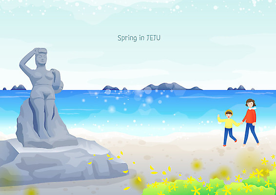 여자 남자 어린이 바다 여행 백그라운드 일러스트 사람 풍경 해변 두명 컬러풀 제주도 봄 트래킹 해녀 해녀상 둘레길 한달살기 봄배경 국내일러스트 AI파일 직업 라이프스타일 계절 길 컬러 레저 한국 조각상 파일형식 벡터