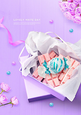 PSD 편집이미지 꽃다발 화이트데이 사탕 선물 사랑 사람없음 선물상자 장미 초콜릿 보라색 달콤 가득함 이미지편집 꽃 감정 컬러 데이이벤트 디저트 상자 맛 파일형식