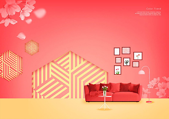 PSD 편집이미지 꽃잎 꽃 가구 액자 백그라운드 사람없음 빨간색 인테리어 소파 스탠드 리빙코랄 트렌드컬러 이미지편집 식물 디자인 컬러 생활용품 의자 조명 파일형식 트랜드컬러 코랄