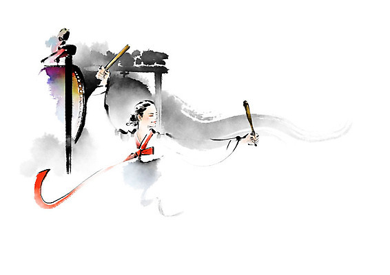 PSD 한국전통 전통 여자 예술 연주 일러스트 캘리그라피 붓터치 한명 사람 댄서 춤 한복 저고리 번짐 북채 북춤 율동 여자한명만 국내일러스트 직업 1 음악 문화예술 한국 전통의상 여자만 파일형식 효과