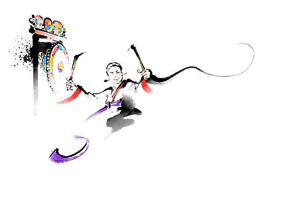 PSD 한국전통 전통 여자 예술 연주 일러스트 캘리그라피 붓터치 한명 사람 댄서 춤 한복 저고리 번짐 북채 북춤 율동 여자한명만 국내일러스트 직업 1 음악 문화예술 한국 전통의상 여자만 파일형식 효과